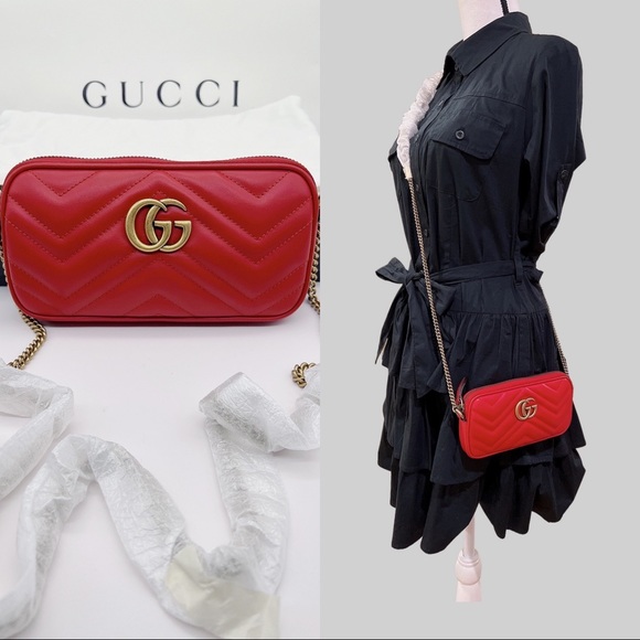 Gucci Handbags - ❌SOLD❌Gucci Calfskin Matelasse Mini GG Marmont Chain Crossbody Bag in Red
